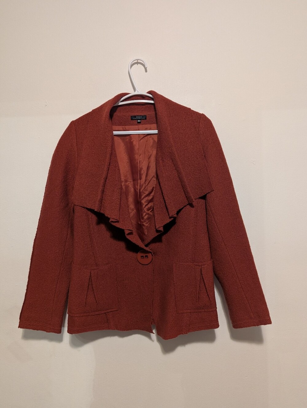 VEX COLLECTION 100% Boiled Wool Jacket Ruffle Collar Rust Orange Quiet Luxury 40